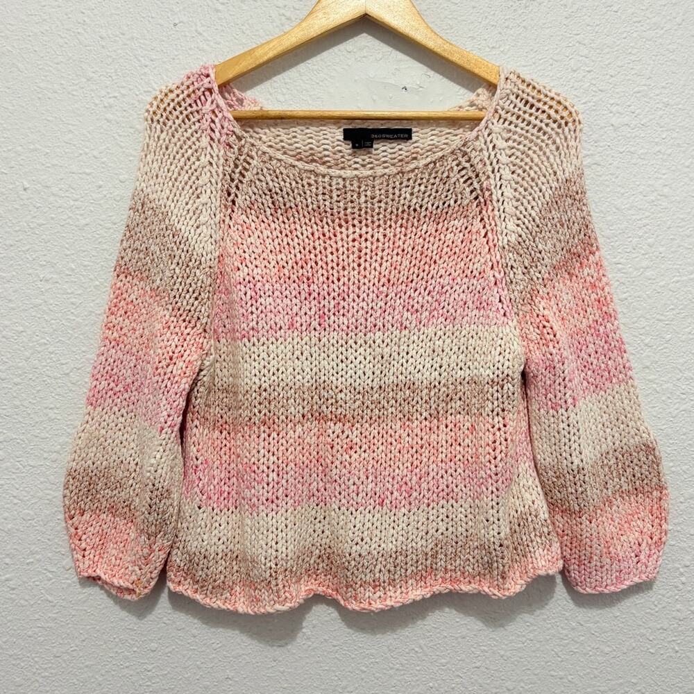 360 Sweater Cotton Knit Sweater Open Knit Scoop Neck Preppy Striped Coastal